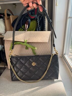 Tory Burch Willa Black Quilted Leather Shoulder Bag with Gold Hardware